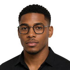 Man wearing OS SLOMGA 31007 wide square double bridge eyeglasses in black and silver, front view