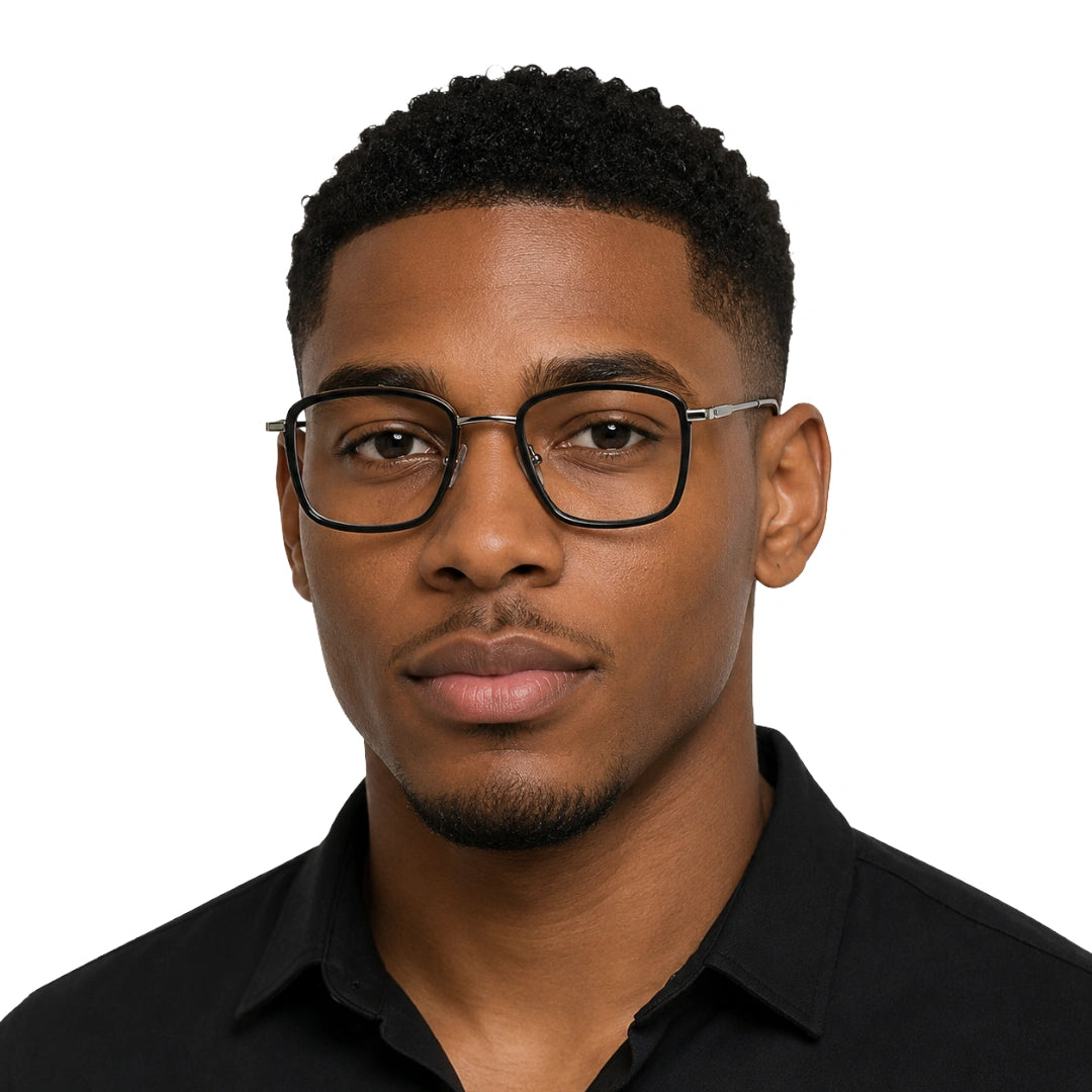 Man wearing OS SLOMGA 31007 wide square double bridge eyeglasses in black and silver, front view
