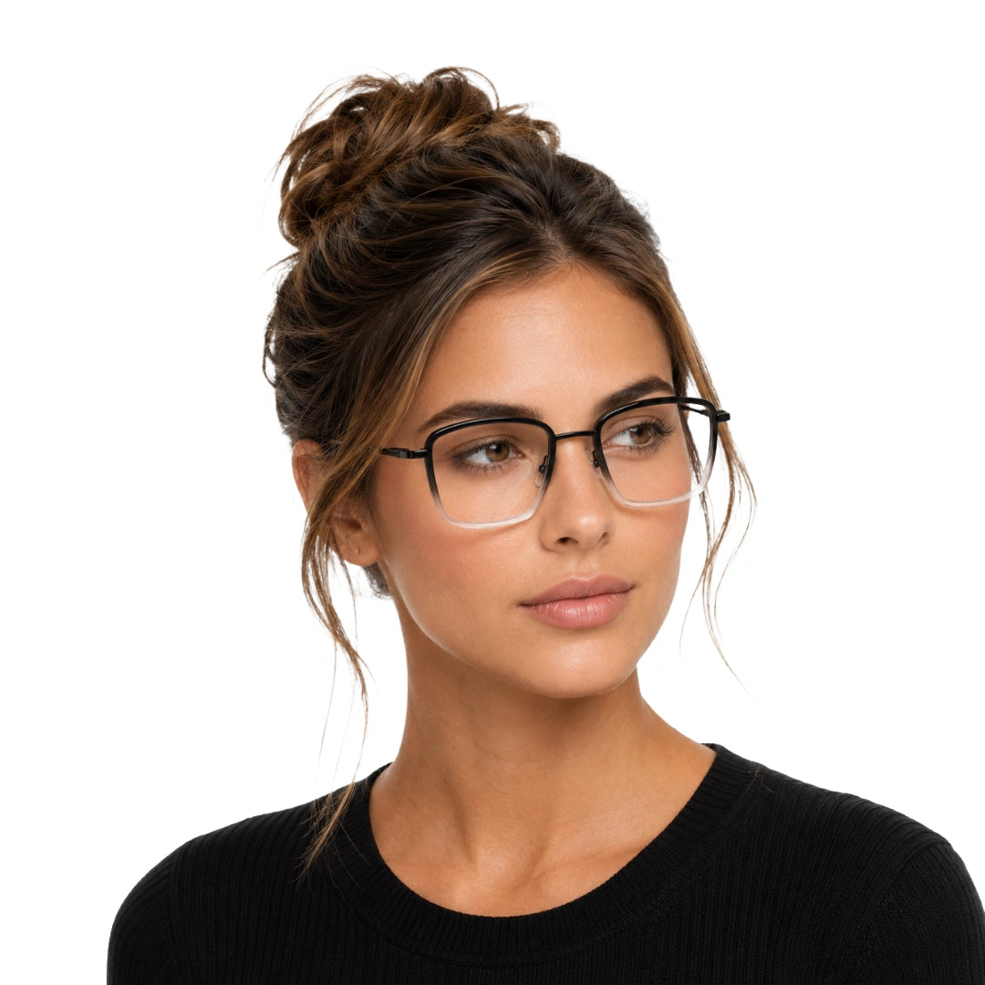 Woman wearing OS SLOMGA 31007 wide square double bridge eyeglasses in black and white