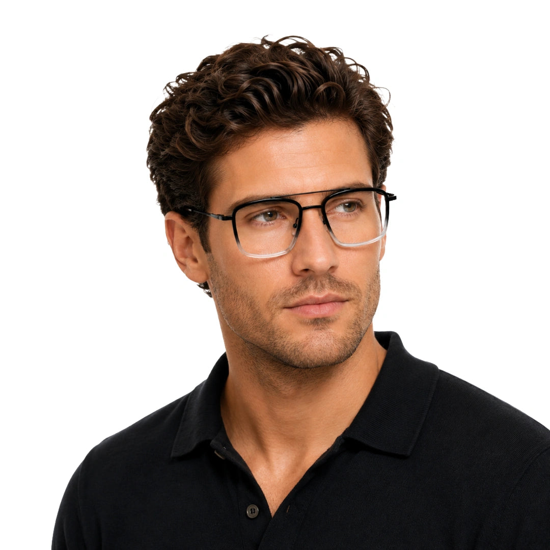 Man wearing OS SLOMGA 31007 wide square double bridge eyeglasses in black and white