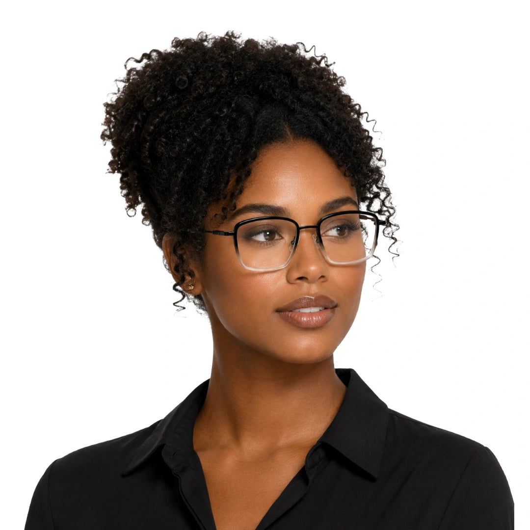 Woman wearing OS SLOMGA 31007 wide square double bridge eyeglasses in black and white, front view