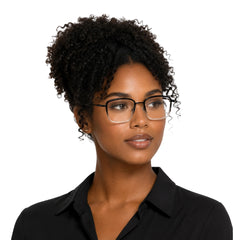 Woman wearing OS SLOMGA 31007 wide square double bridge eyeglasses in black and white, front view