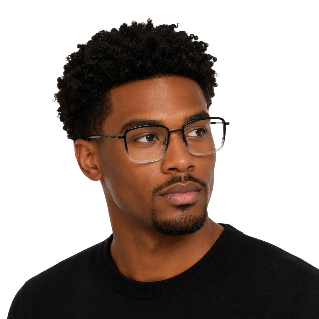 Man wearing OS SLOMGA 31007 wide square double bridge eyeglasses in black and white, front view