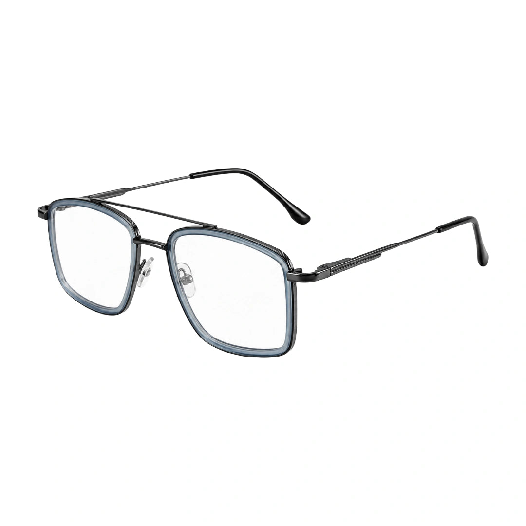 OS SLOMGA 31007 wide square double bridge eyeglasses in blue and gunmetal, side profile view