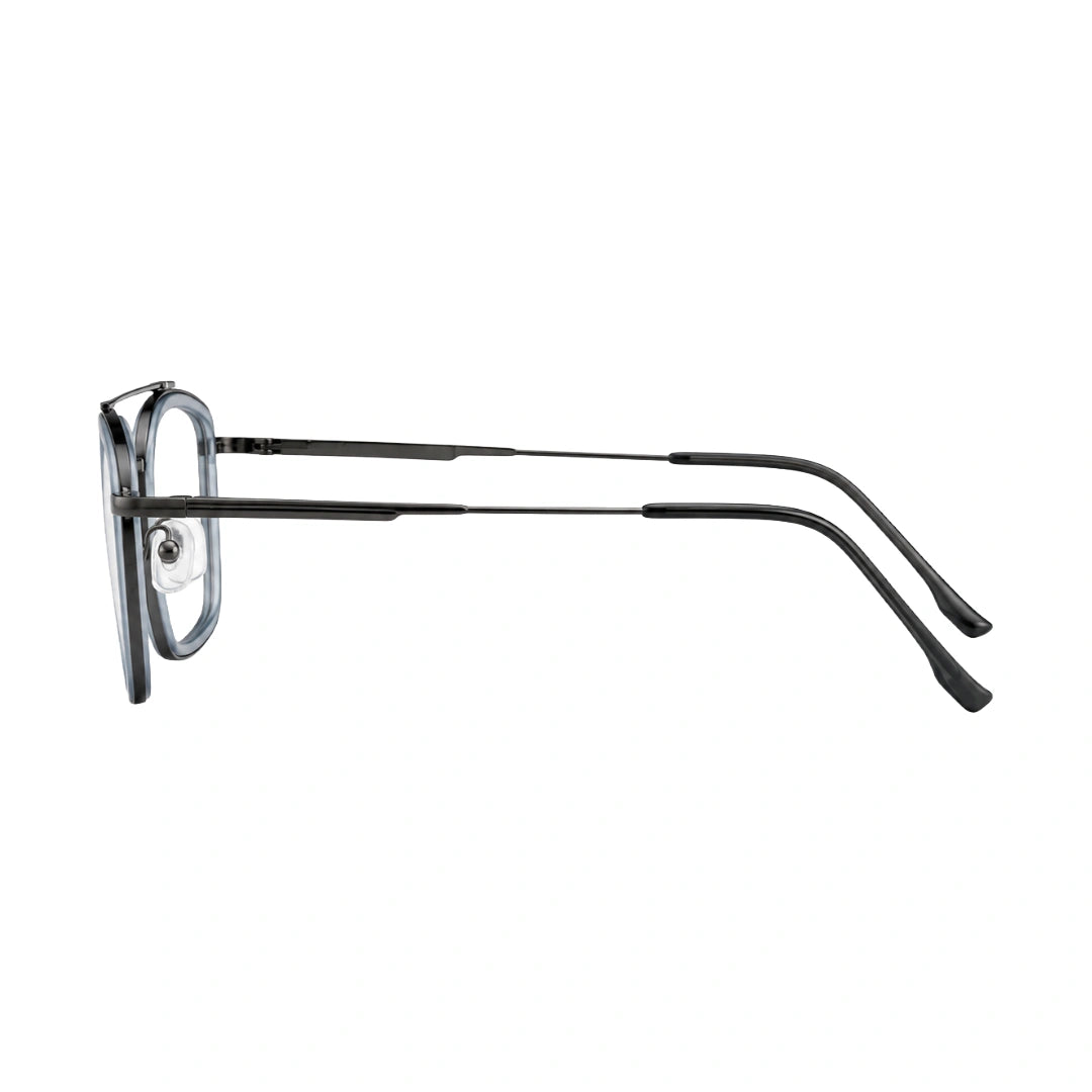 OS SLOMGA 31007 wide square double bridge eyeglasses in blue and gunmetal, three-quarter angled view