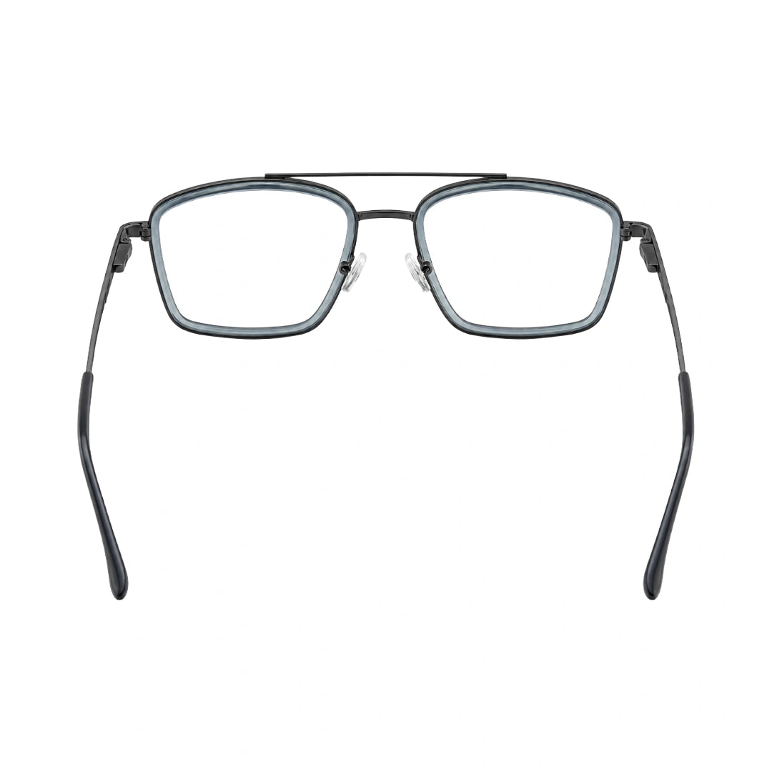 OS SLOMGA 31007 wide square double bridge eyeglasses in blue and gunmetal, rear view