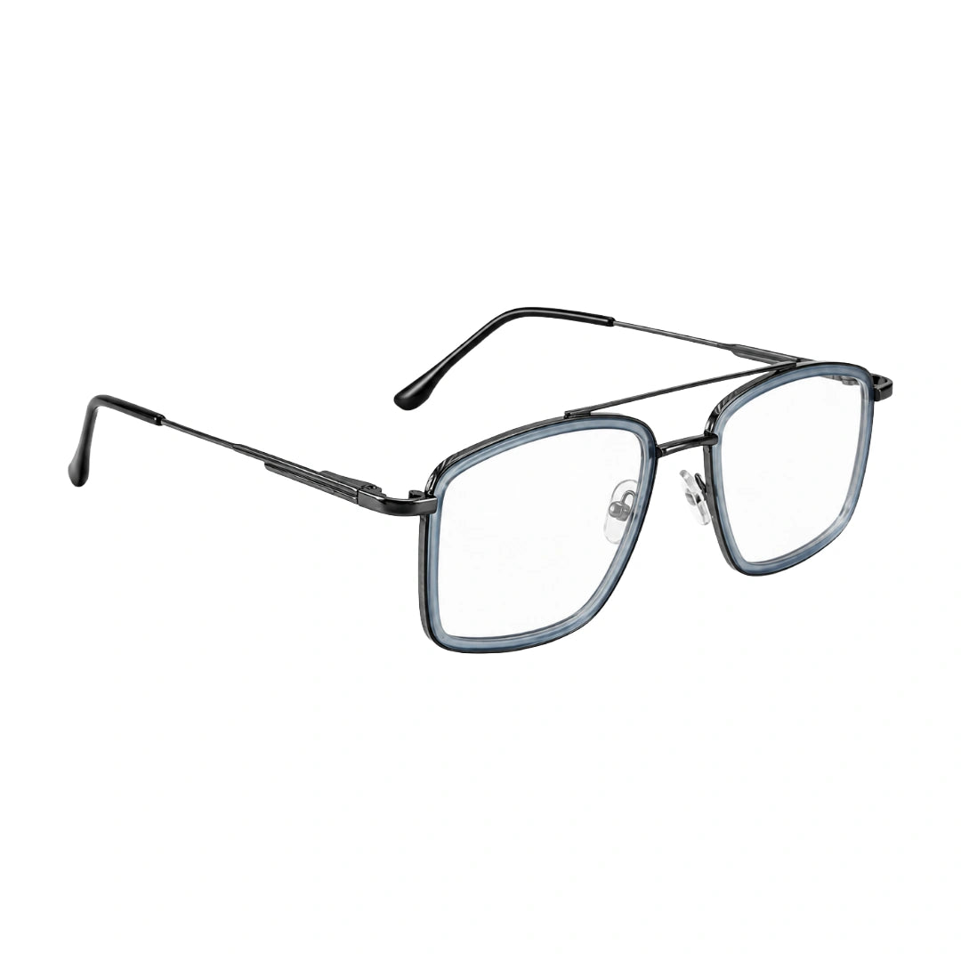 OS SLOMGA 31007 wide square double bridge eyeglasses in blue and gunmetal, angled view