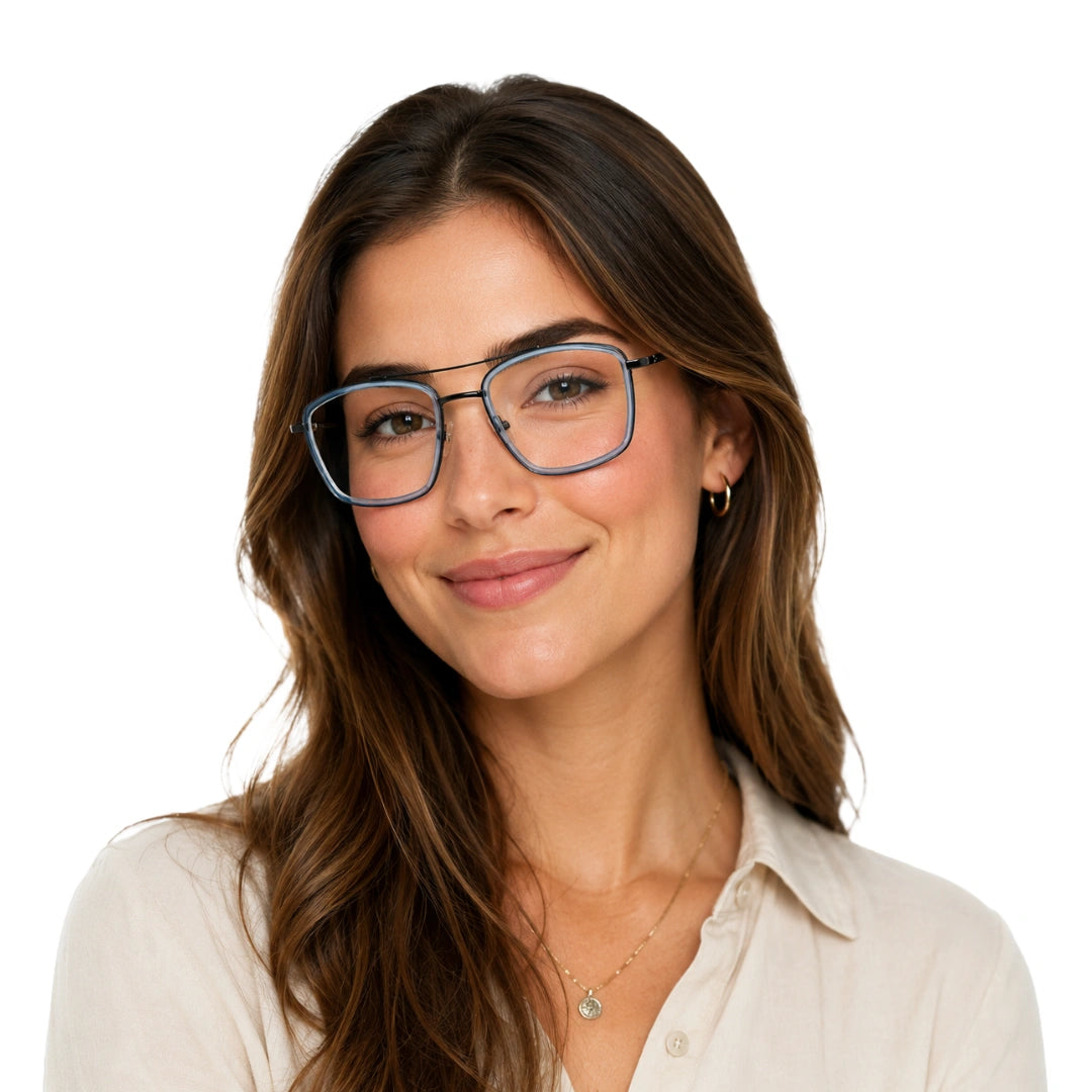 Woman wearing OS SLOMGA 31007 wide square double bridge eyeglasses in blue and gunmetal