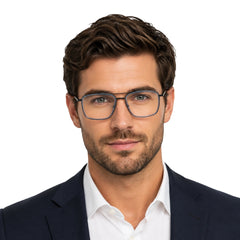 Man wearing OS SLOMGA 31007 wide square double bridge eyeglasses in blue and gunmetal