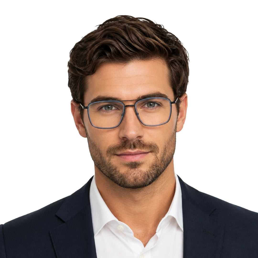 Man wearing OS SLOMGA 31007 wide square double bridge eyeglasses in blue and gunmetal