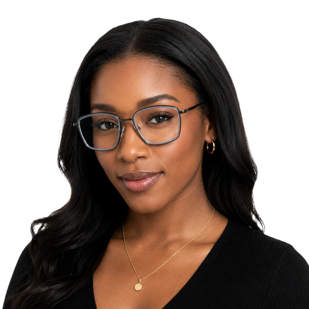 Woman wearing OS SLOMGA 31007 wide square double bridge eyeglasses in blue and gunmetal, front view