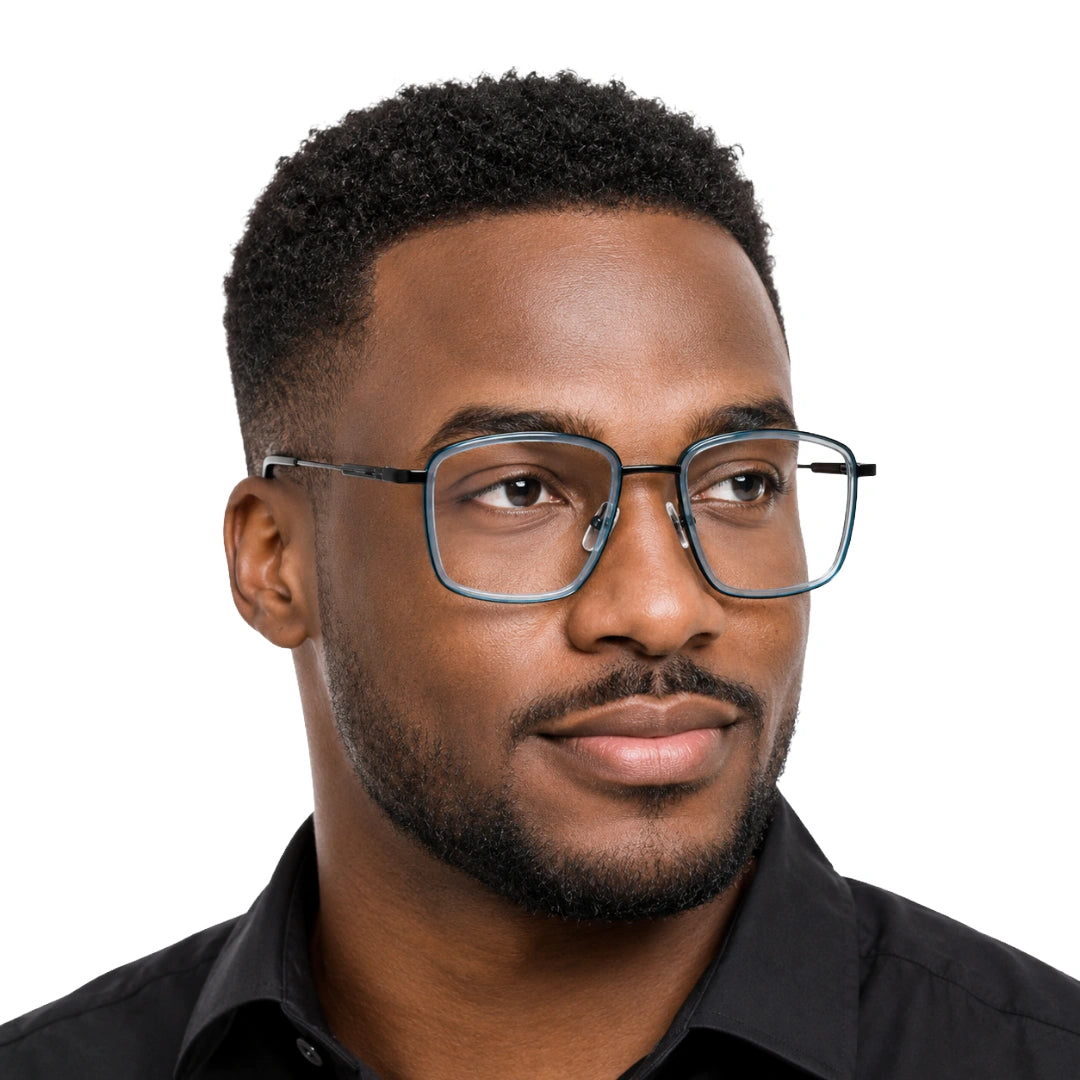 Man wearing OS SLOMGA 31007 wide square double bridge eyeglasses in blue and gunmetal, front view
