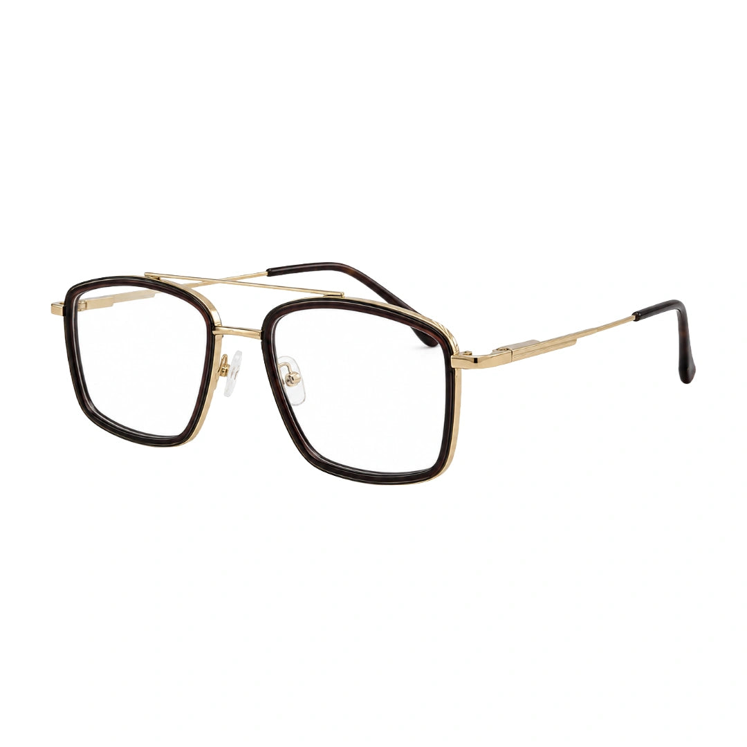 OS SLOMGA 31007 wide square double bridge eyeglasses in brown and gold, three-quarter angled view