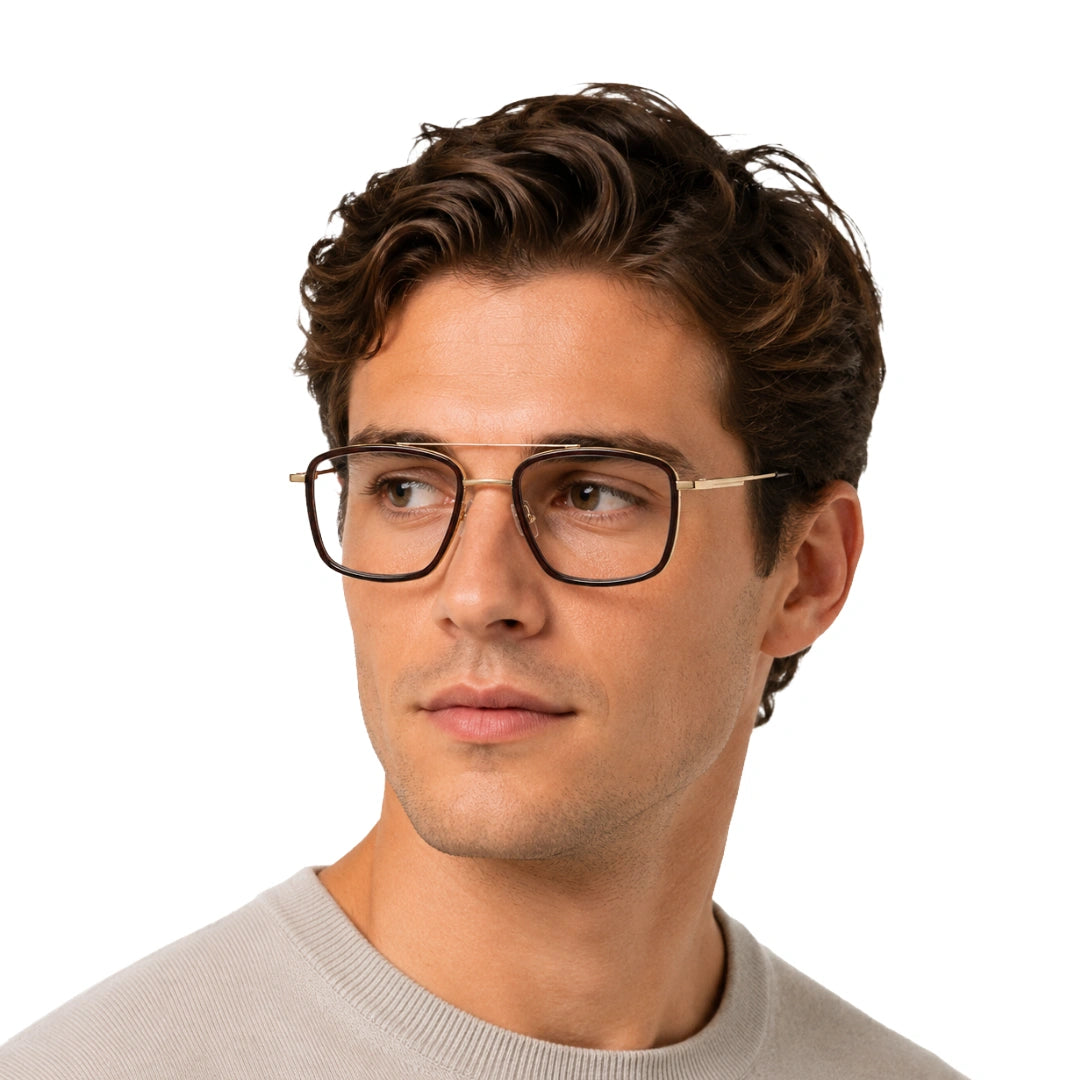 Man wearing OS SLOMGA 31007 wide square double bridge eyeglasses in brown and gold