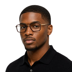Man wearing OS SLOMGA 31007 wide square double bridge eyeglasses in brown and gold, front view