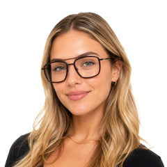 Woman wearing OS SLOMGA 31007 wide square double bridge eyeglasses in brown