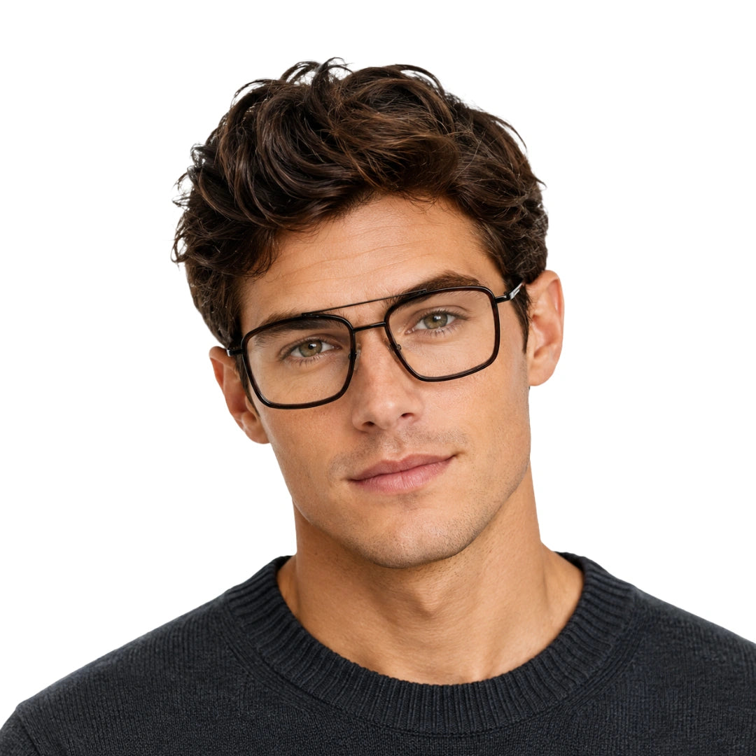 Man wearing OS SLOMGA 31007 wide square double bridge eyeglasses in brown