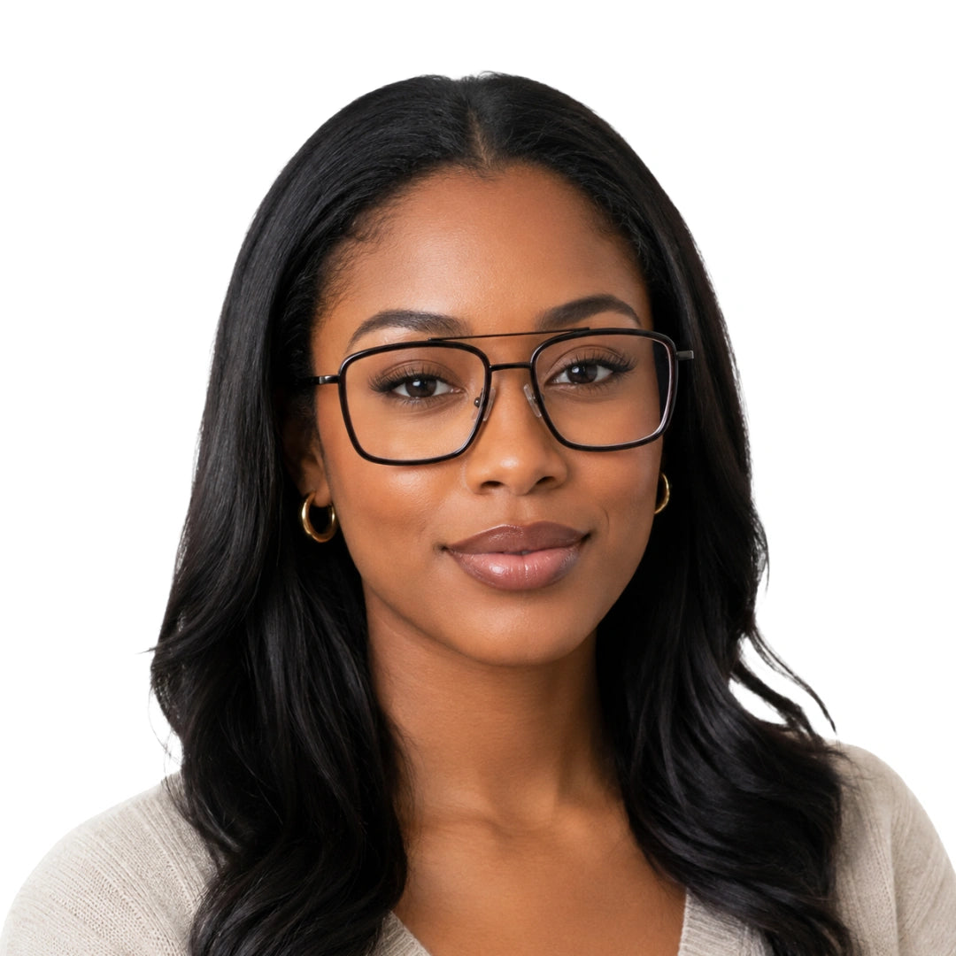Woman wearing OS SLOMGA 31007 wide square double bridge eyeglasses in brown, front view