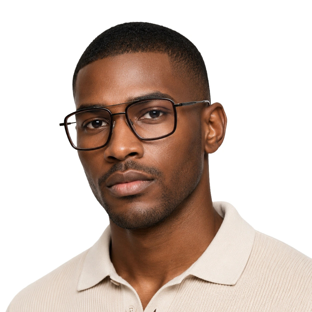 Man wearing OS SLOMGA 31007 wide square double bridge eyeglasses in brown, front view