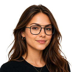 Woman wearing OS SLOMGA 31007 wide square double bridge eyeglasses in glossy black