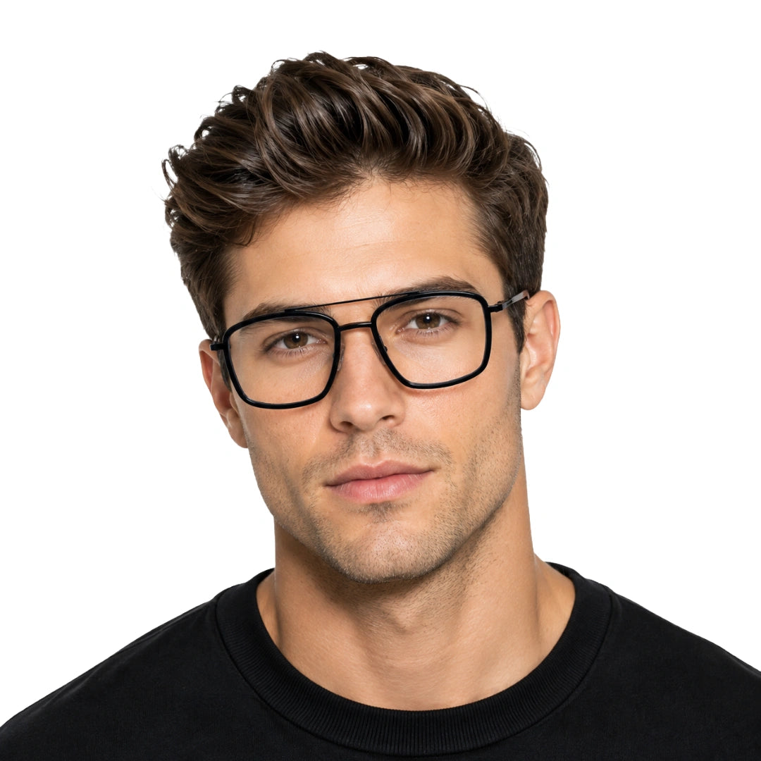 Man wearing OS SLOMGA 31007 wide square double bridge eyeglasses in glossy black