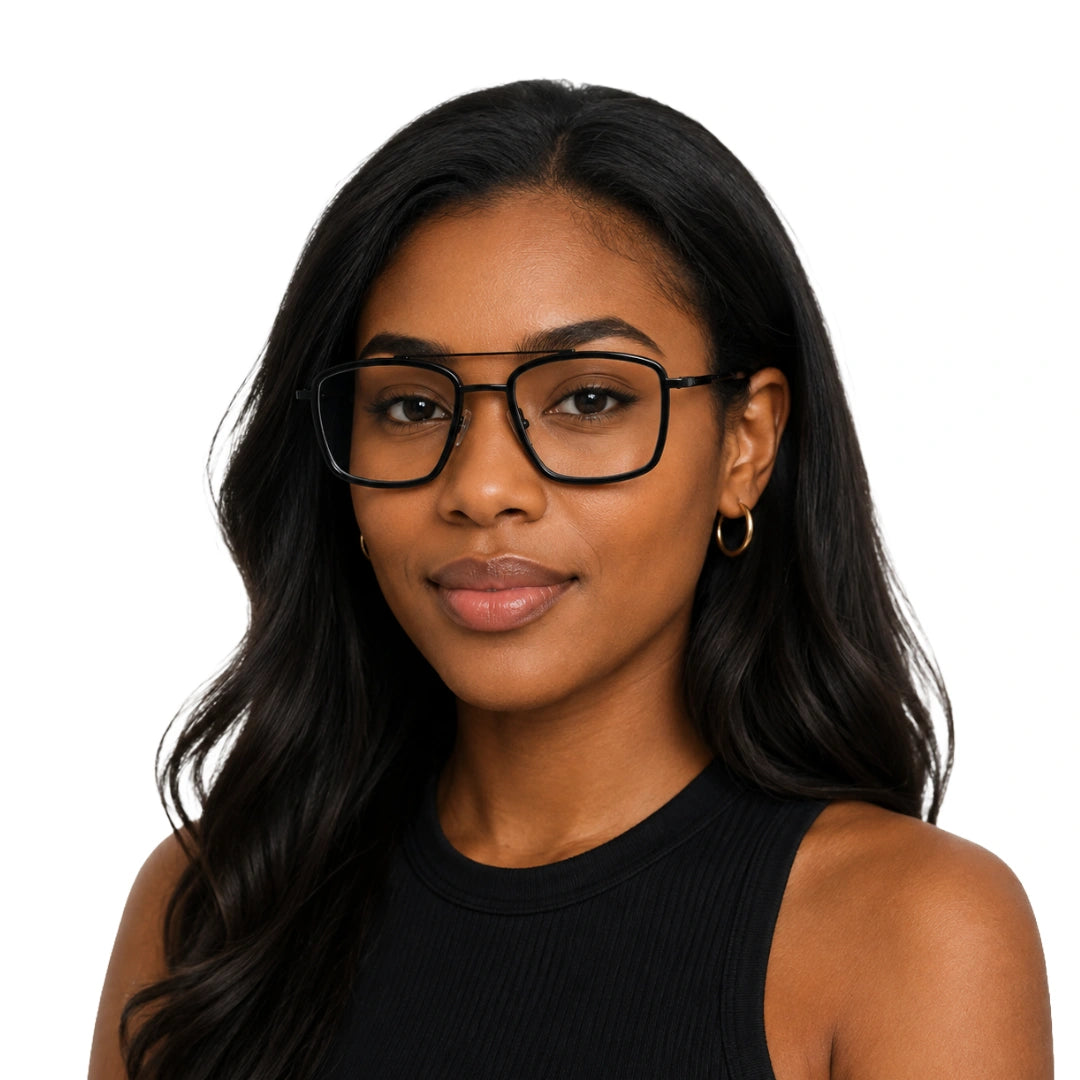 Woman wearing OS SLOMGA 31007 wide square double bridge eyeglasses in glossy black, front view
