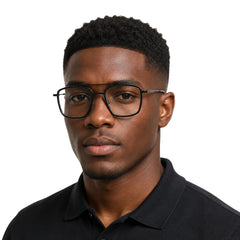 Man wearing OS SLOMGA 31007 wide square double bridge eyeglasses in glossy black, front view