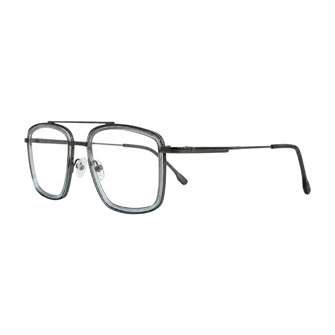 OS SLOMGA 31007 wide square double bridge eyeglasses in grey and blue, three-quarter angled view