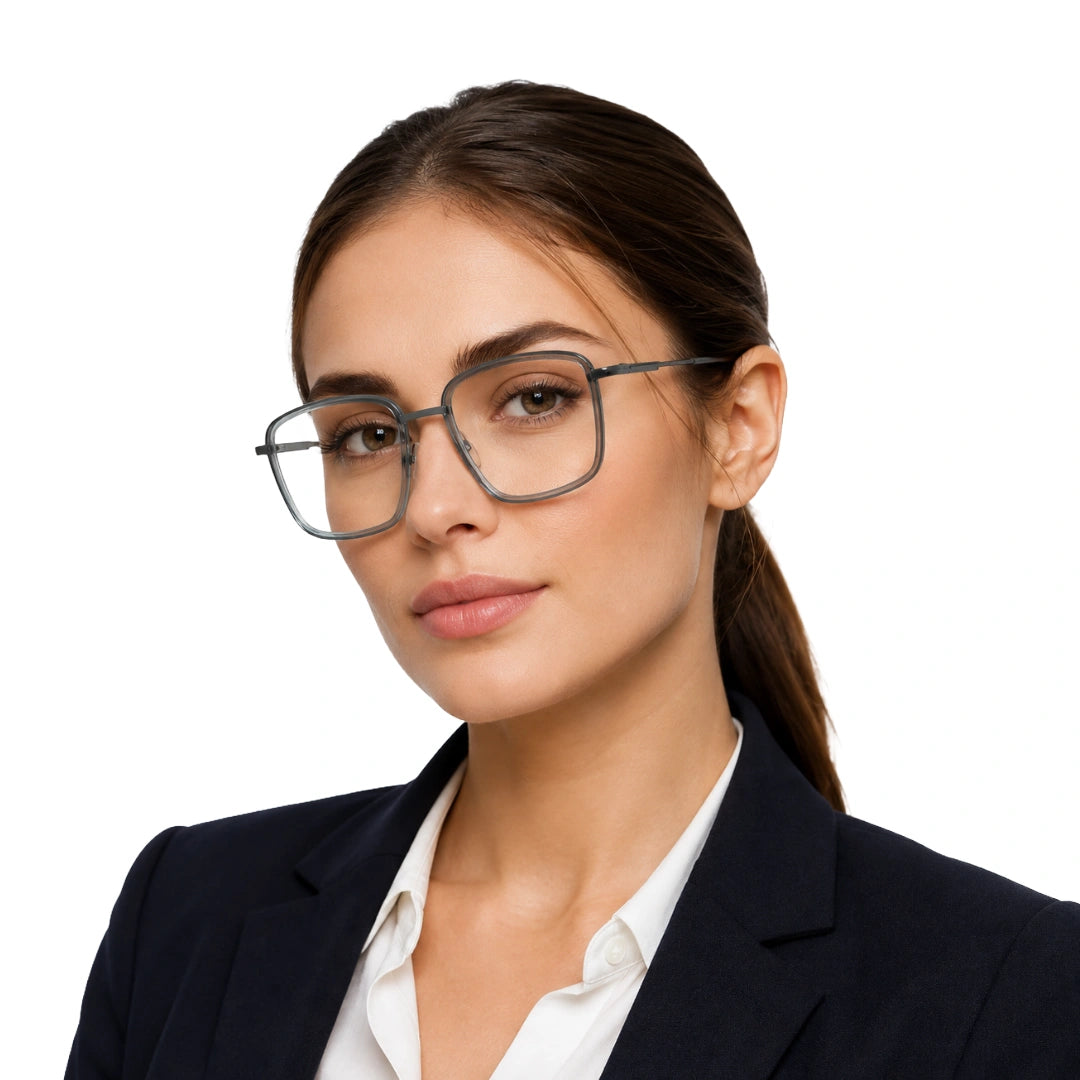 Woman wearing OS SLOMGA 31007 wide square double bridge eyeglasses in grey and blue