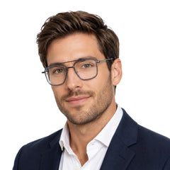 Man wearing OS SLOMGA 31007 wide square double bridge eyeglasses in grey and blue