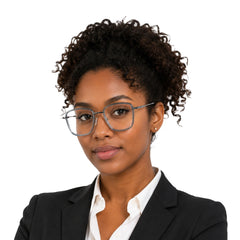 Woman wearing OS SLOMGA 31007 wide square double bridge eyeglasses in grey and blue, front view