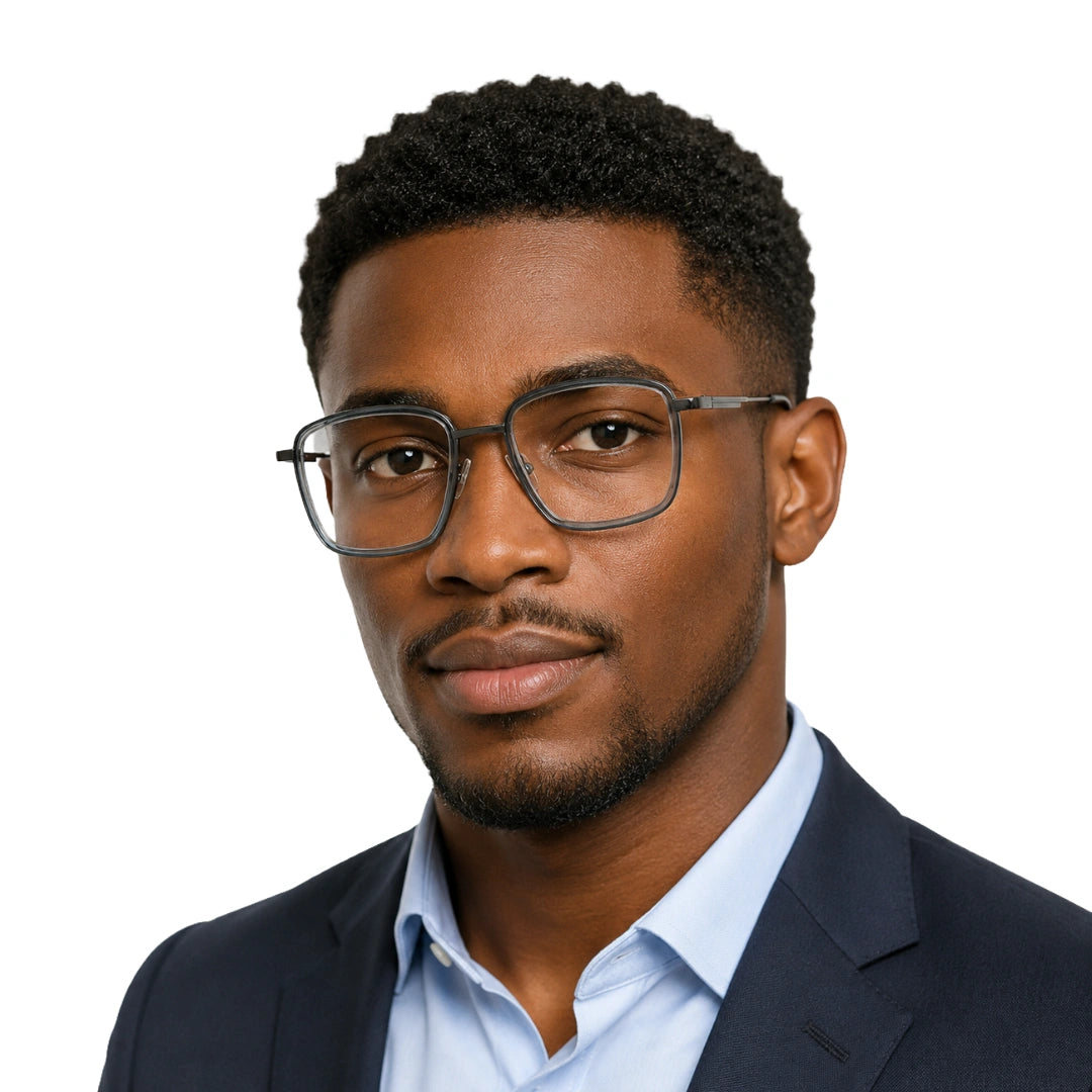 Man wearing OS SLOMGA 31007 wide square double bridge eyeglasses in grey and blue, front view