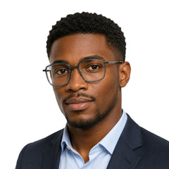 Man wearing OS SLOMGA 31007 wide square double bridge eyeglasses in grey and blue, front view