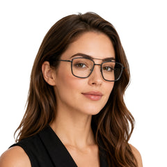 Woman wearing OS SLOMGA 31007 wide square double bridge eyeglasses in grey and gunmetal