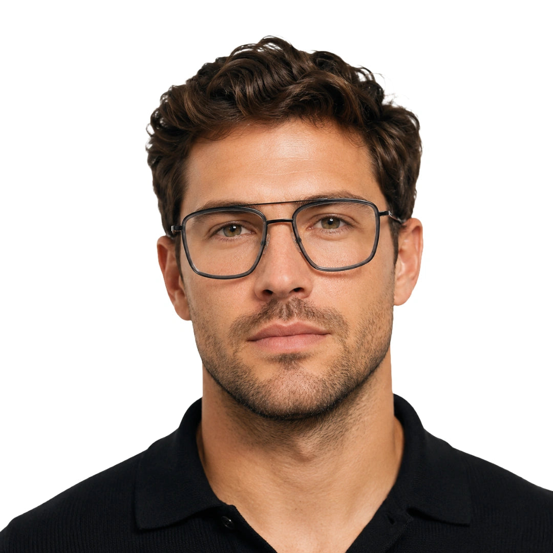 Man wearing OS SLOMGA 31007 wide square double bridge eyeglasses in grey and gunmetal