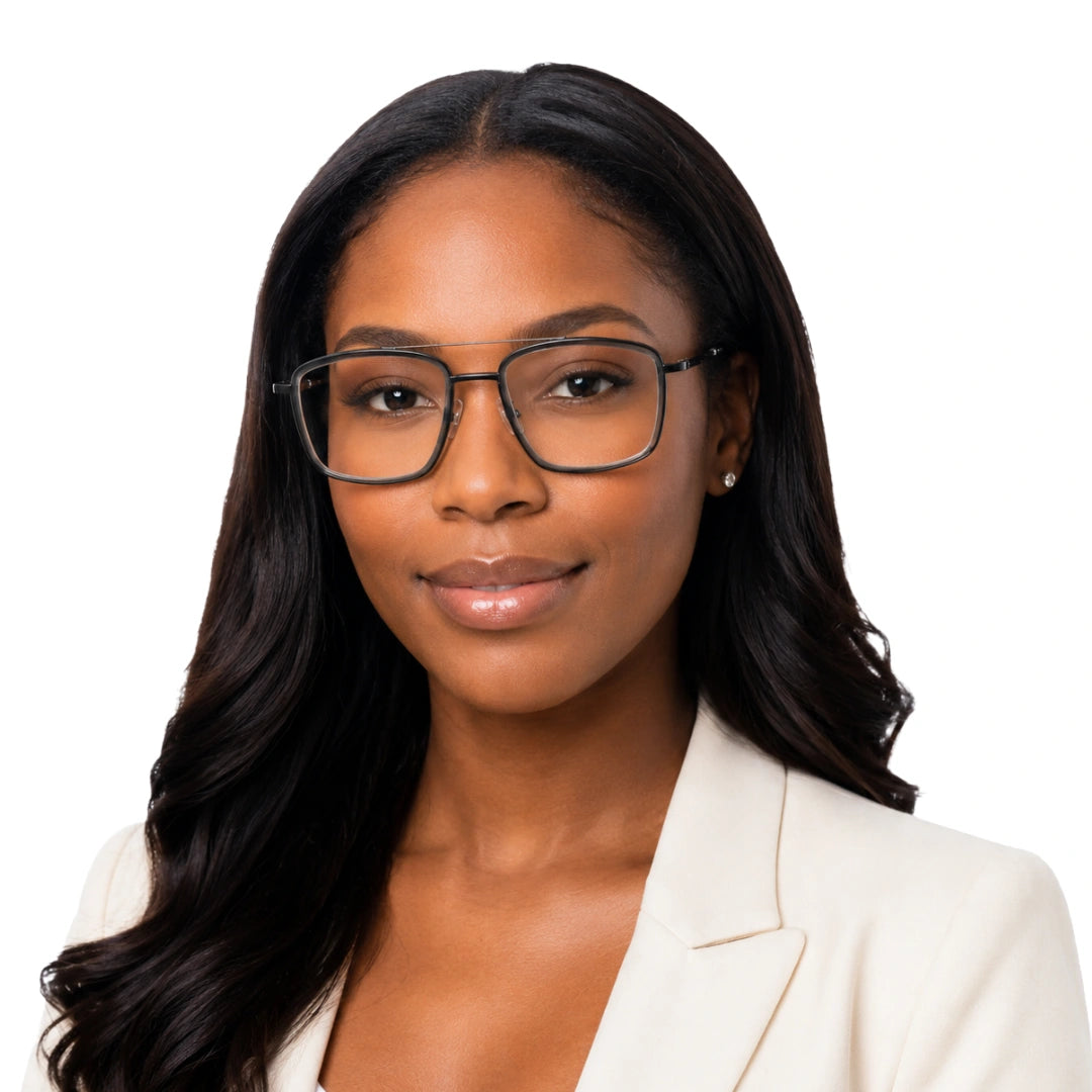Woman wearing OS SLOMGA 31007 wide square double bridge eyeglasses in grey and gunmetal, front view