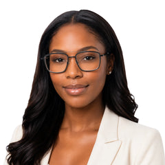 Woman wearing OS SLOMGA 31007 wide square double bridge eyeglasses in grey and gunmetal, front view