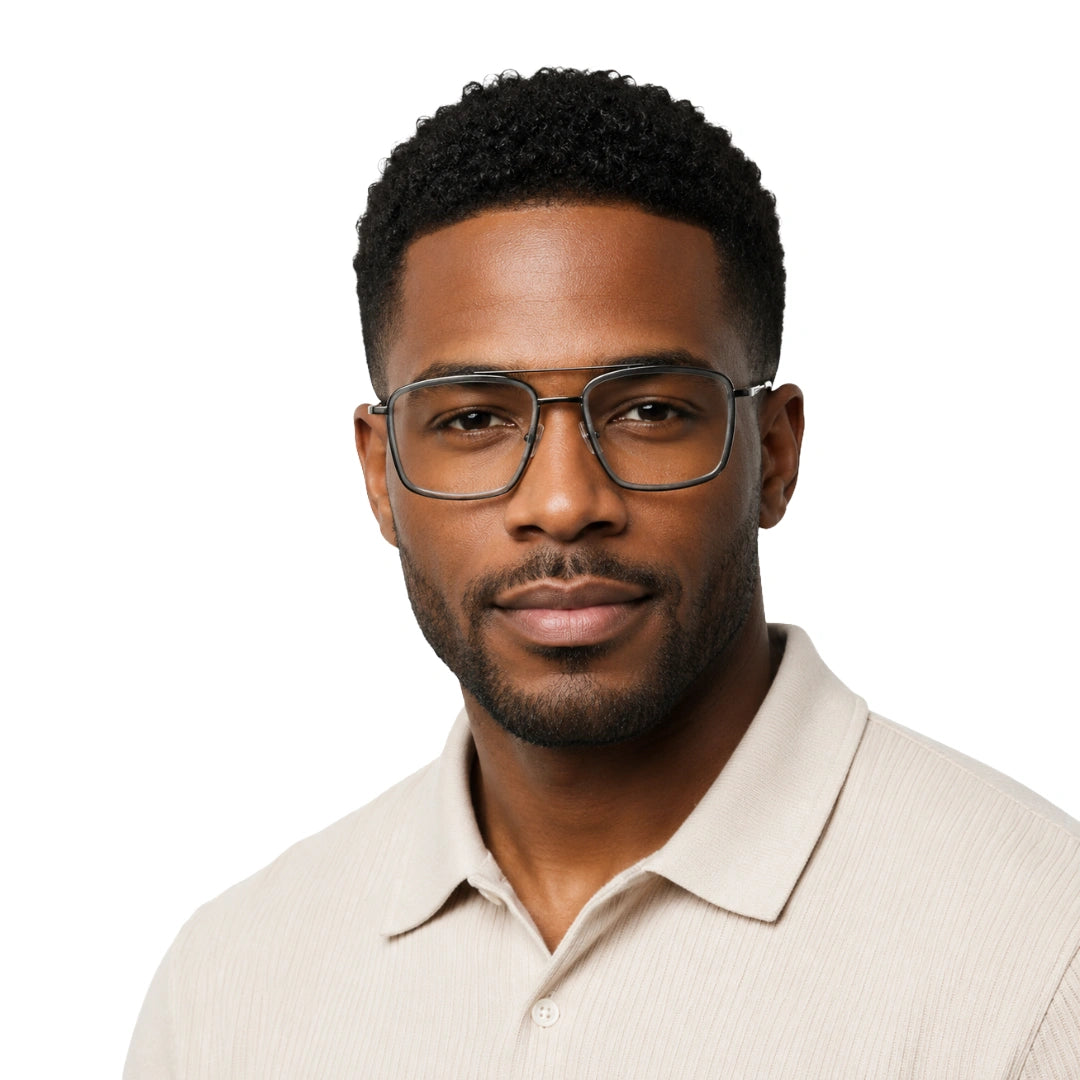 Man wearing OS SLOMGA 31007 wide square double bridge eyeglasses in grey and gunmetal, front view