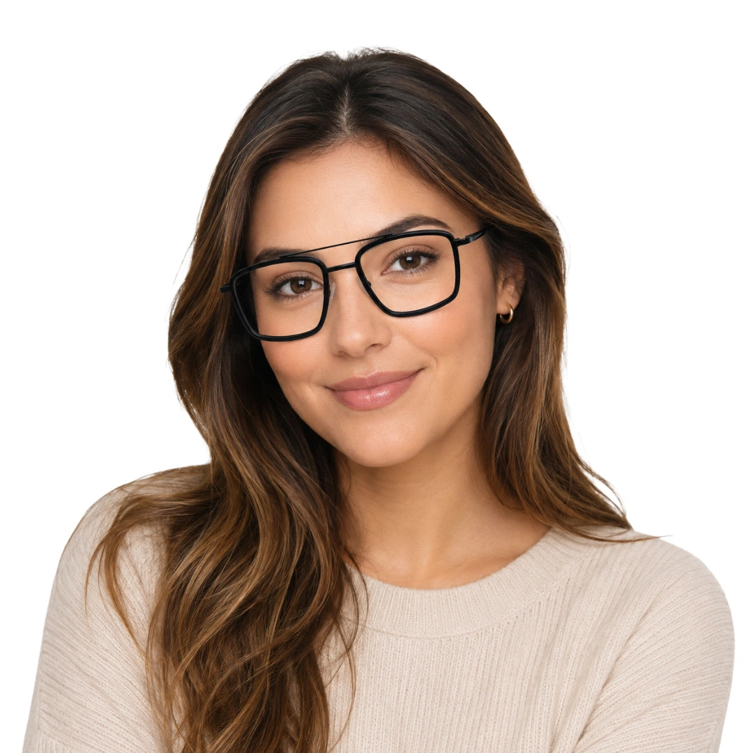 Woman wearing OS SLOMGA 31007 wide square double bridge eyeglasses in matte black