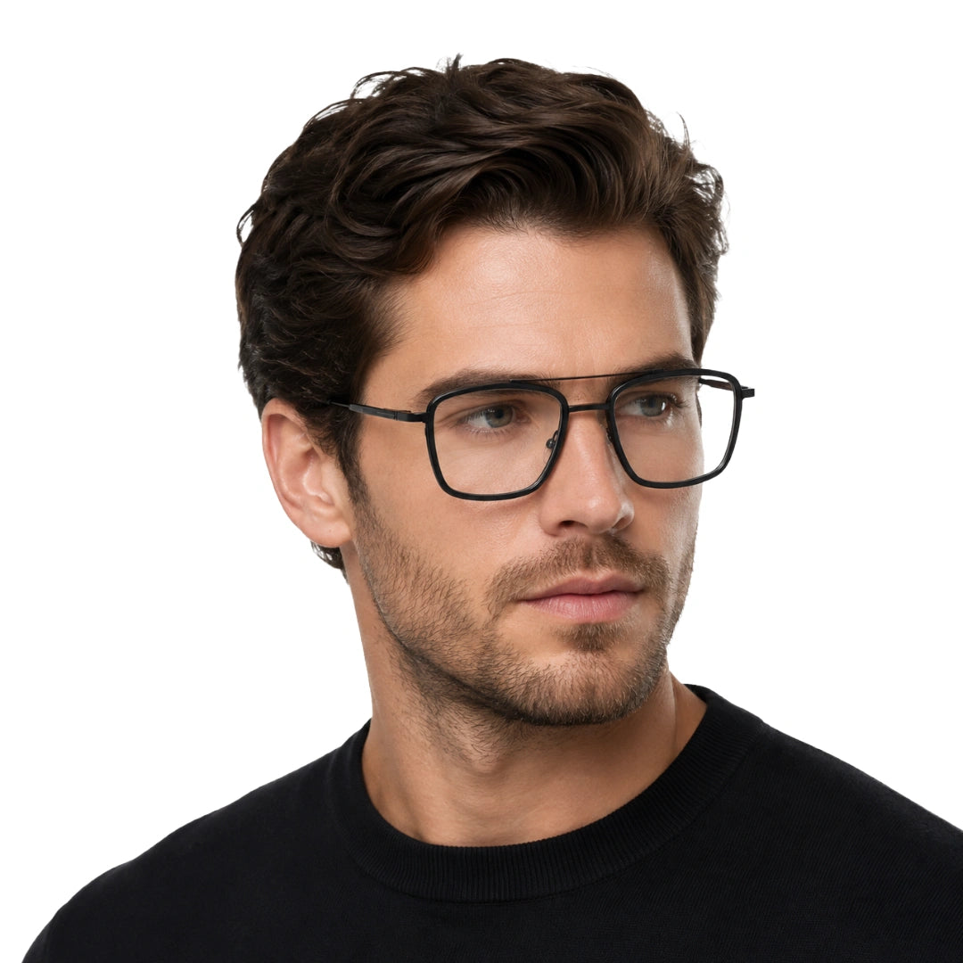 Man wearing OS SLOMGA 31007 wide square double bridge eyeglasses in matte black