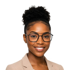 Woman wearing OS SLOMGA 31007 wide square double bridge eyeglasses in matte black, front view
