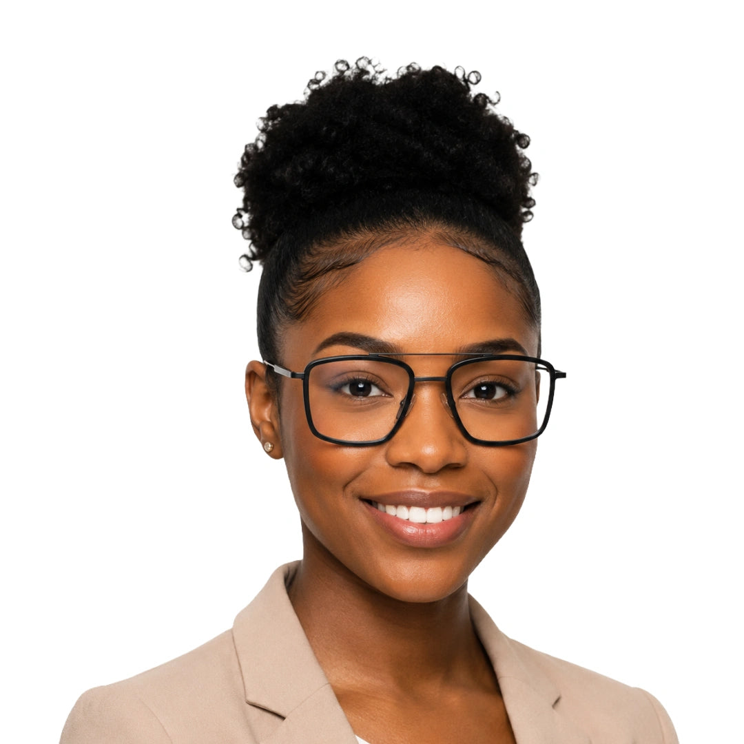 Woman wearing OS SLOMGA 31007 wide square double bridge eyeglasses in matte black, front view