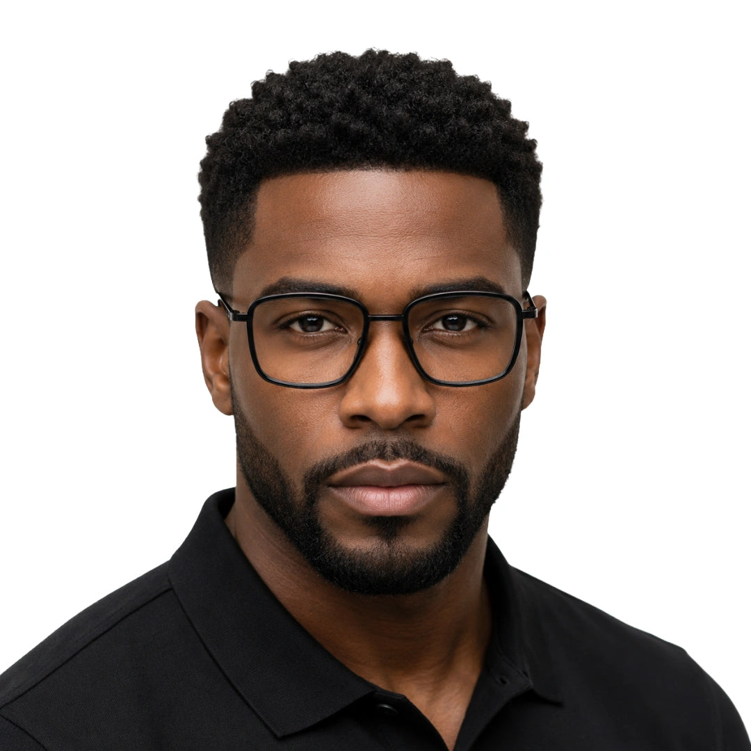 Man wearing OS SLOMGA 31007 wide square double bridge eyeglasses in matte black, front view
