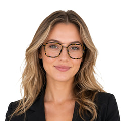 Woman wearing OS SLOMGA 31007 wide square double bridge eyeglasses in tortoise shell