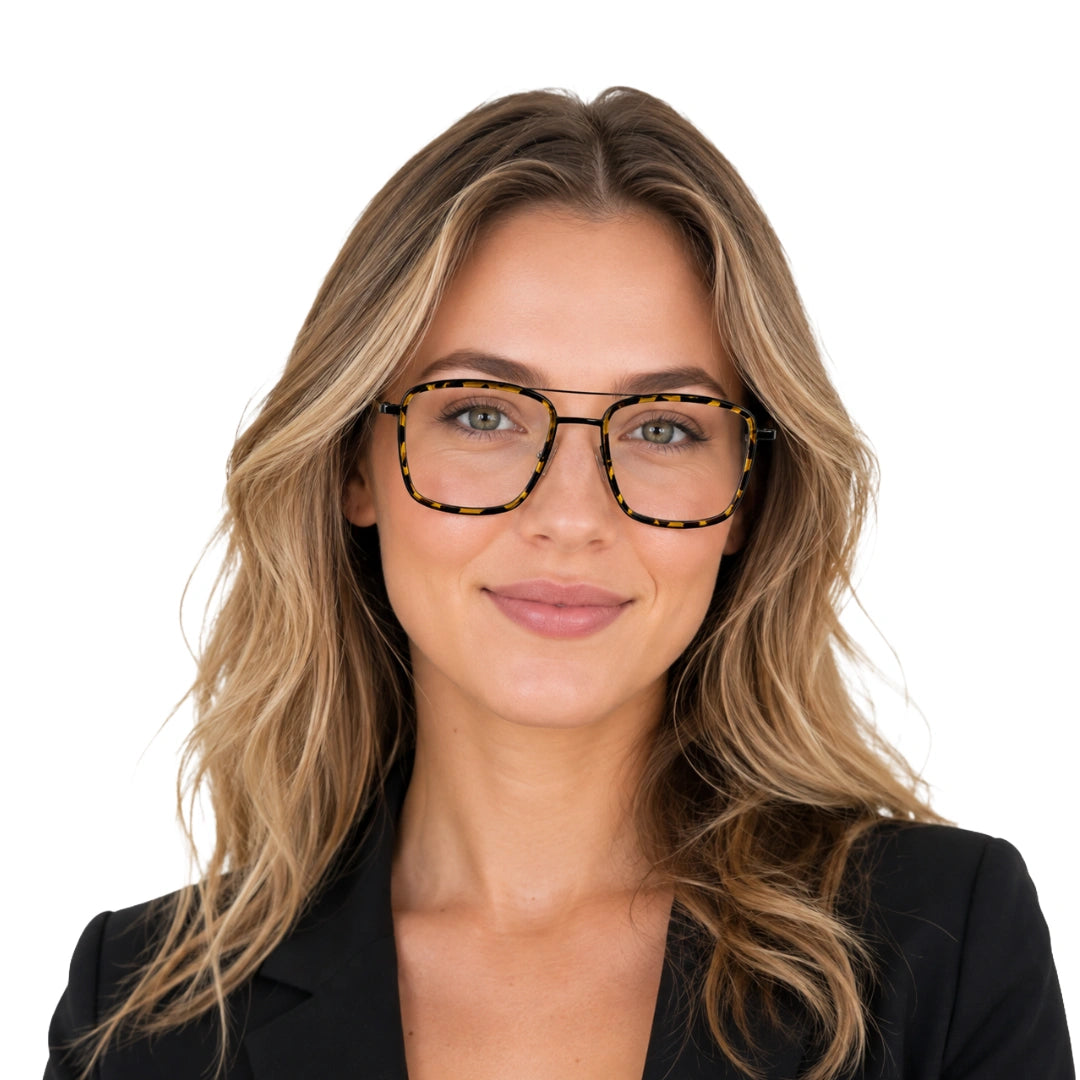 Woman wearing OS SLOMGA 31007 wide square double bridge eyeglasses in tortoise shell