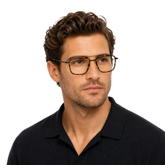Man wearing OS SLOMGA 31007 wide square double bridge eyeglasses in tortoise shell