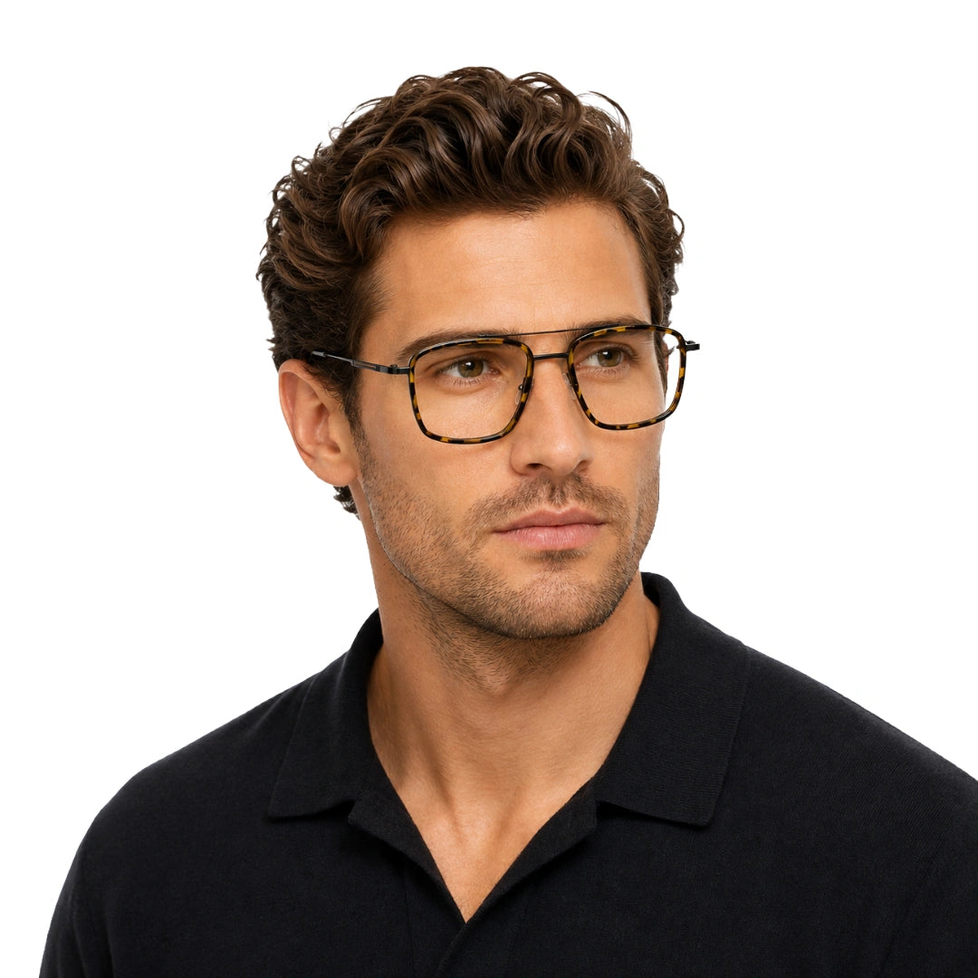Man wearing OS SLOMGA 31007 wide square double bridge eyeglasses in tortoise shell