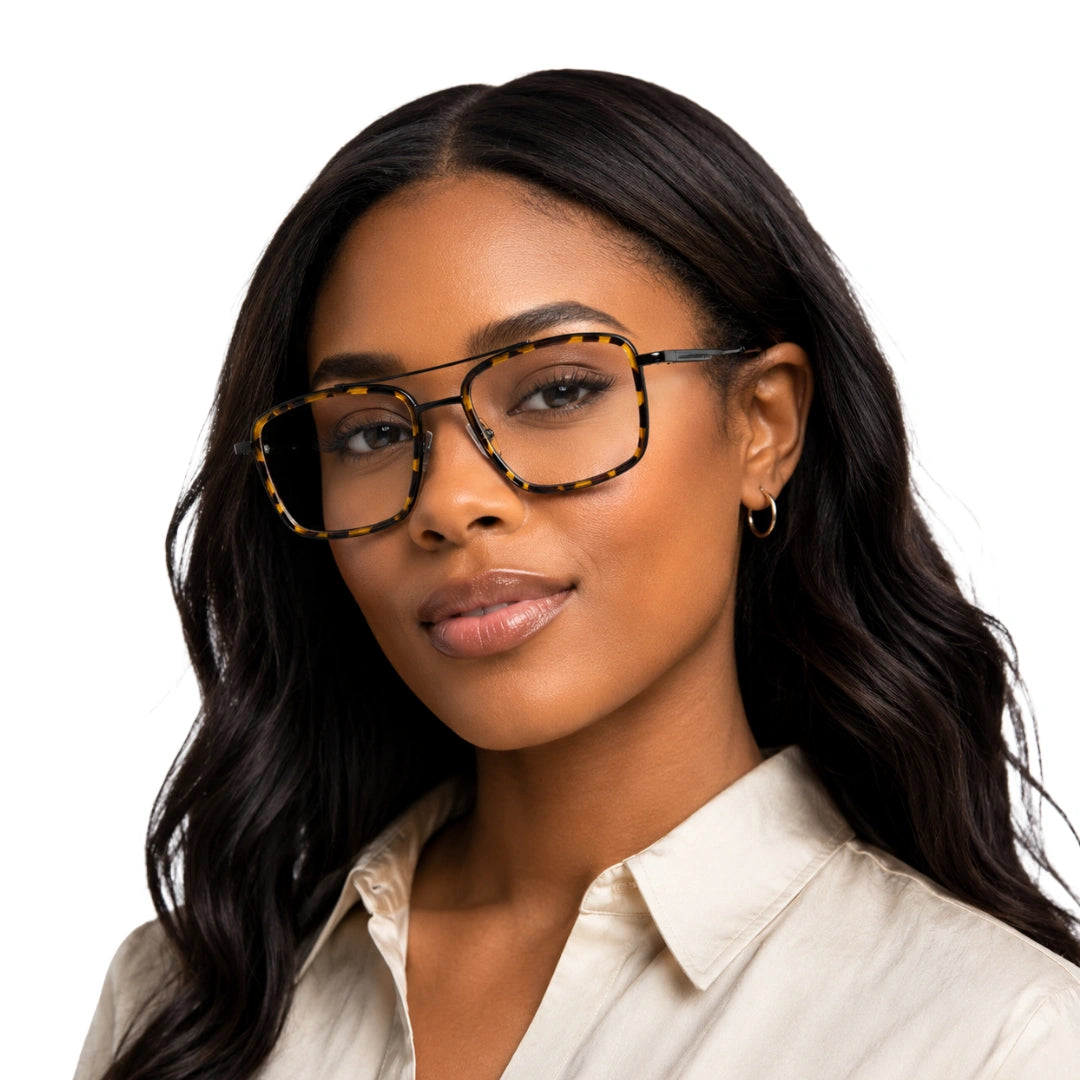 Woman wearing OS SLOMGA 31007 wide square double bridge eyeglasses in tortoise shell, front view