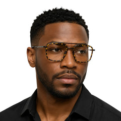 Man wearing OS SLOMGA 31007 wide square double bridge eyeglasses in tortoise shell, front view