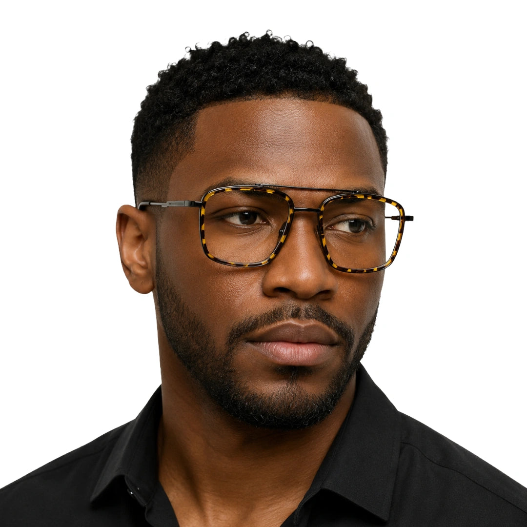 Man wearing OS SLOMGA 31007 wide square double bridge eyeglasses in tortoise shell, front view
